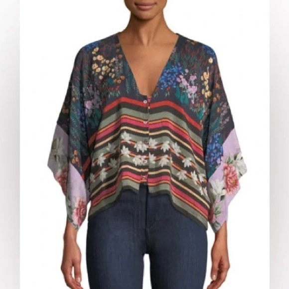 Johnny Was Angie Shrug Striped Floral Print V Neckline Button Down Blouse Small - Picture 2 of 10